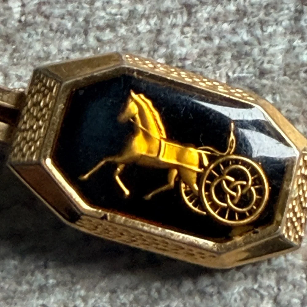 Vintage Celine Onyx Gold Carriage Horse Tie Clip Tie Bar Lux Designer Equestrian
